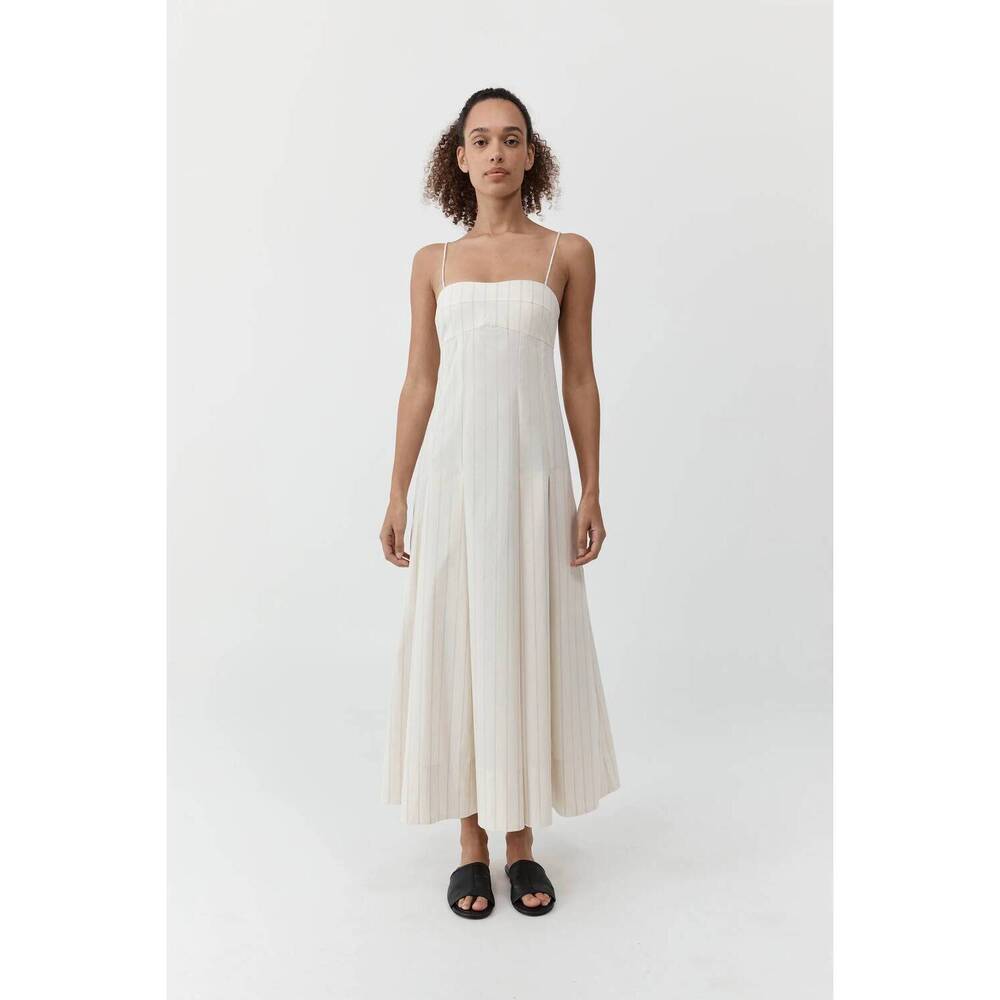 NEW ST. AGNI everyday cotton pleat dress in ecru stripe